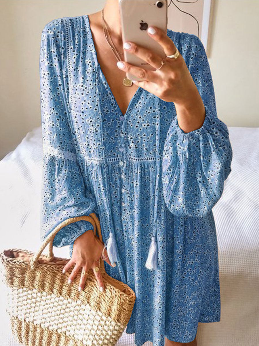 Casual Long Sleeve V-neck Floral Dress