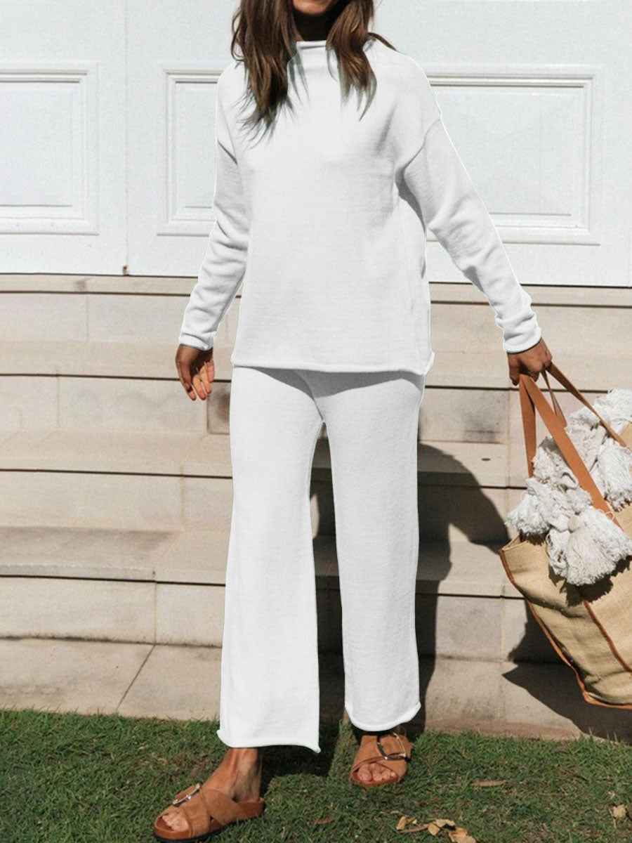 Simple Casual Loose Long Sleeve Top Pants Knitted Suit