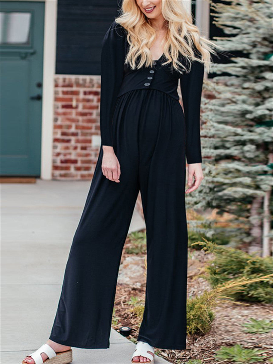 Maternity V-neck Long Sleeve Button Wide Leg Jumpsuit