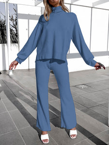 Simple Casual Loose High Neck Top Pants Knit Suit