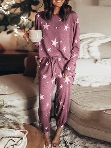 Casual Star Print Loose Long Sleeve Top Shorts Two-Piece Suit