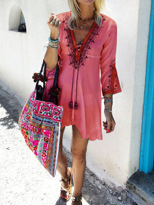 Vintage Bohemian Loose V-Neck Mini Dress