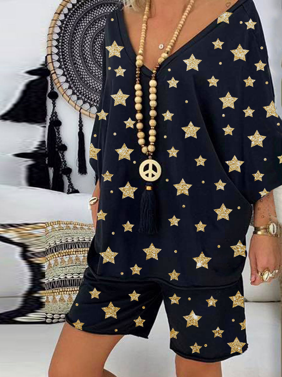 Deep V-Neck Star Print Shorts Set