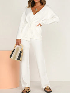 Casual Loose Solid Color V-neck Long Sleeve Two-piece Suit