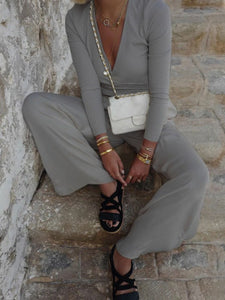 Fashion Casual V-neck Solid Color Two-piece Suit