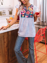 Load image into Gallery viewer, Striped Spot Short Sleeve Women&#39;s Blouses with Flowers
