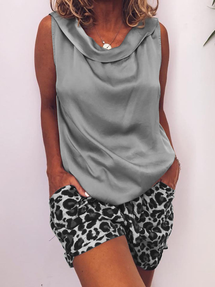 Retro Casual Loose Top Leopard Print Shorts Suit
