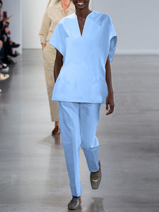 Solid Color V-neck Bat Short-sleeved Top and Pants Two-piece Suit