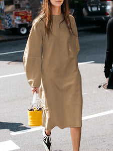 Casual Loose Solid Color Round Neck Long Sleeve Dress