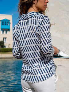 Cross Stripe Printed Top Casual Button Long Sleeve Shirt