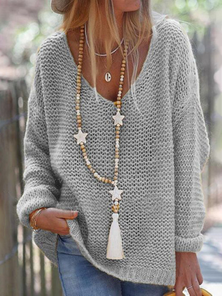 V-Neckline Solid Casual Loose Shift Sweaters