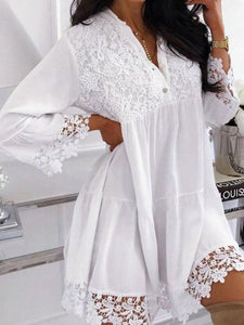 V-neck Lace Stitching Solid Color Casual Dress
