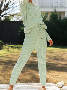 Casual Loose Round Neck Long Sleeve Top Pants Knitted Suit