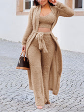 Load image into Gallery viewer, Long Cardigan Tank Top and High Waist Trousers Knitted Three-piece
