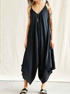 Casual Loose Solid Color V-Neck Sling Jumpsuit