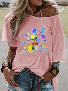 Fashion Butterfly Print Holiday Short Sleeve Top