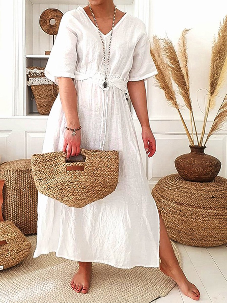 V Neck Lace Up Casual Dresses