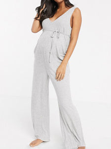 Casual Loose Short Sleeve V-neck Solid Color Pregnant Women's Jumpsuit
