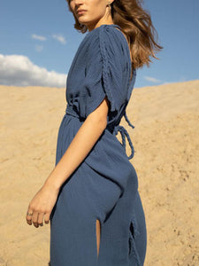 Deep V Neck High Fork Twist Casual Dress