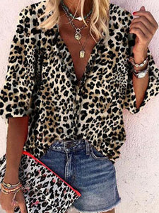 Vintage Elegant Loose V Neck Leopard Shirt