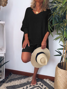 Casual Loose V Neck Top Long Sleeve Shorts Suit
