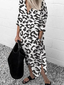Fashion Leopard Print Long Sleeve Split Dress