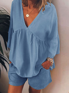 Simple Casual Loose V-Neck Top Shorts Set