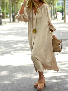 Simple Lantern Sleeve Loose Casual Button Long Dress