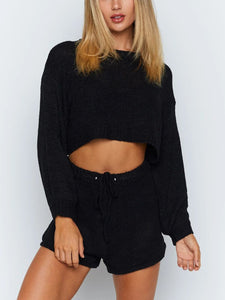 Pure Color Tops Casual Shorts Knit Set