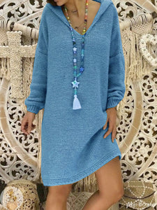 Simple Knitted Long Sleeve Casual Dress with Hood