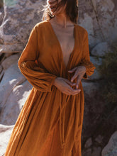 Load image into Gallery viewer, Retro Loose Long Sleeve V-neck Drawstring Casual Dress

