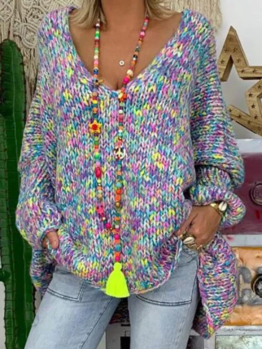 Casual V-neck Color Block Bat Sleeve Loose Sweater