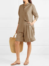 Load image into Gallery viewer, Casual Long Sleeve Button Tops Shorts with Pocket Two-Piece Women&#39;s Suit
