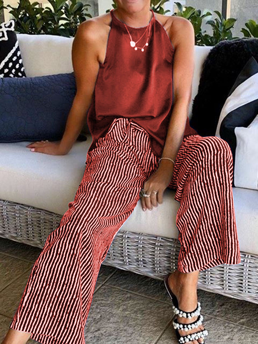 Casual Loose Top Striped Pants Set