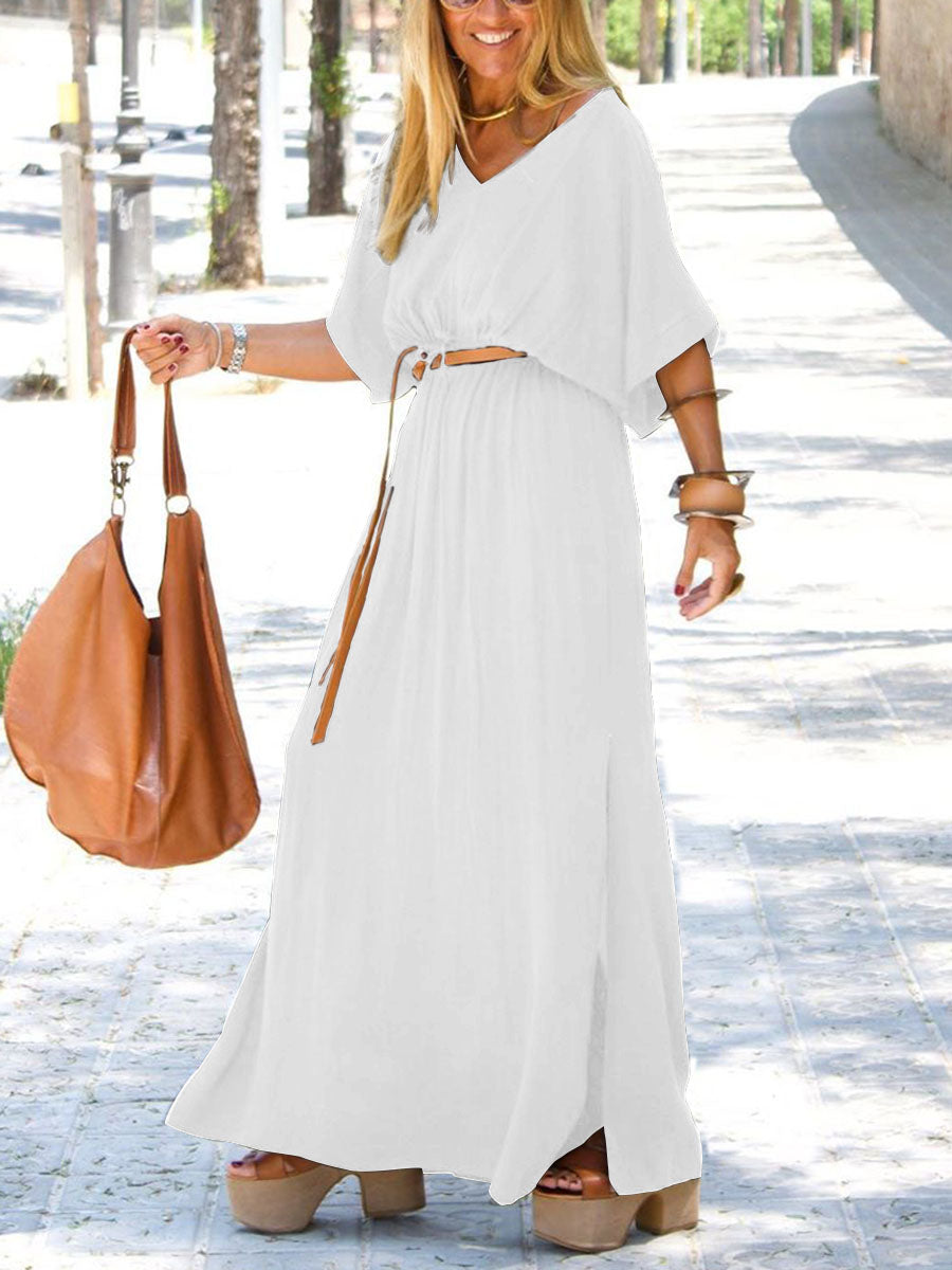 Fashionable Simple V-Neck Short Sleeve Maxi Dress