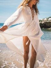 Load image into Gallery viewer, Beach Sexy Tied-Collar Long Sleeve Hem Slit Casual Dress
