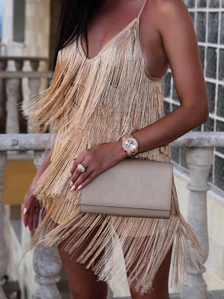 Fringe Cross Strap Evening Dress