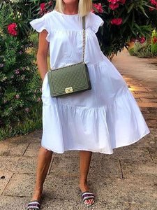 Fashionable Solid Color Round Neck Ruffle Sleeve Dress