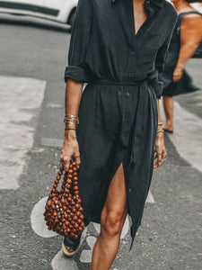 Fashion Button Lapel Solid Color Dress