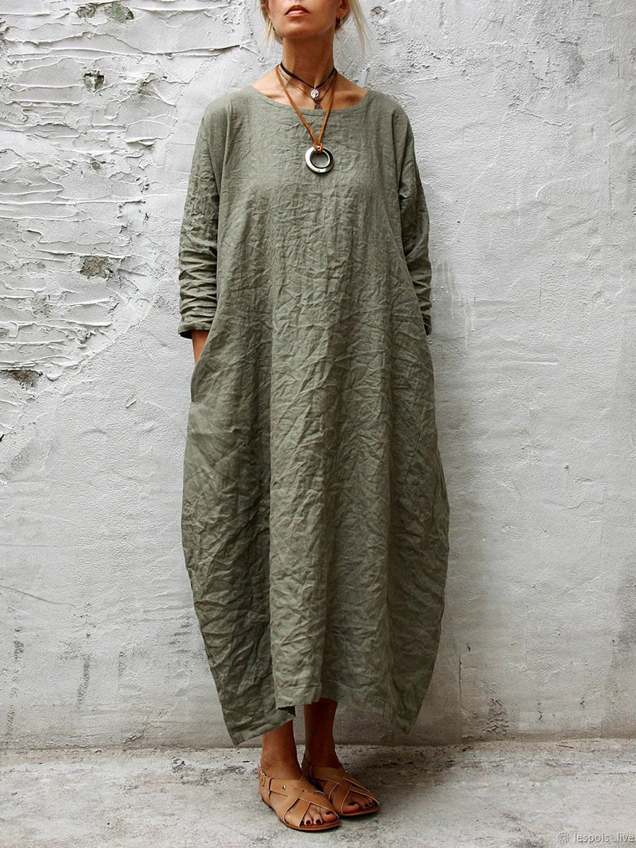 Fashion Long Sleeve Round Neck Solid Color Casual Dress