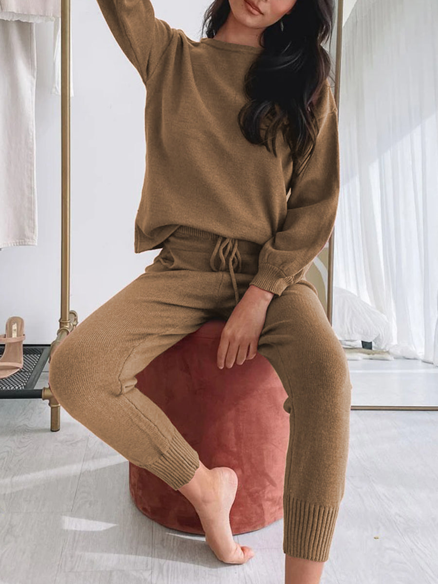 Fashion Casual Round Neck Solid Color Two-piece Suit
