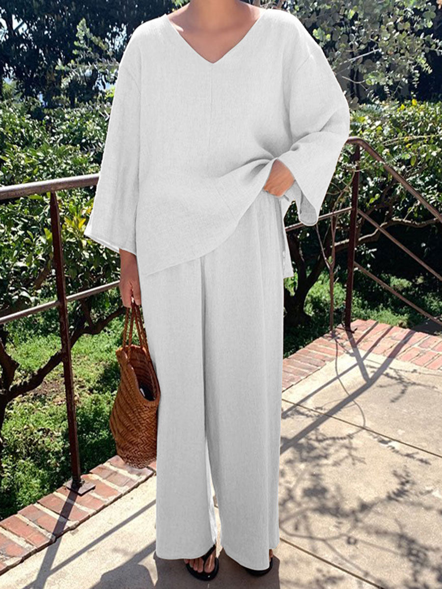 Solid Color V-Neck Long Sleeve Casual Suit