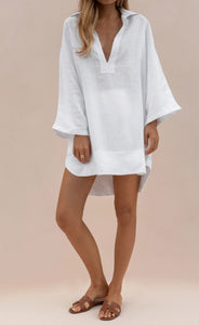 Simple Casual Loose V-Neck Long Sleeve Mini Dress