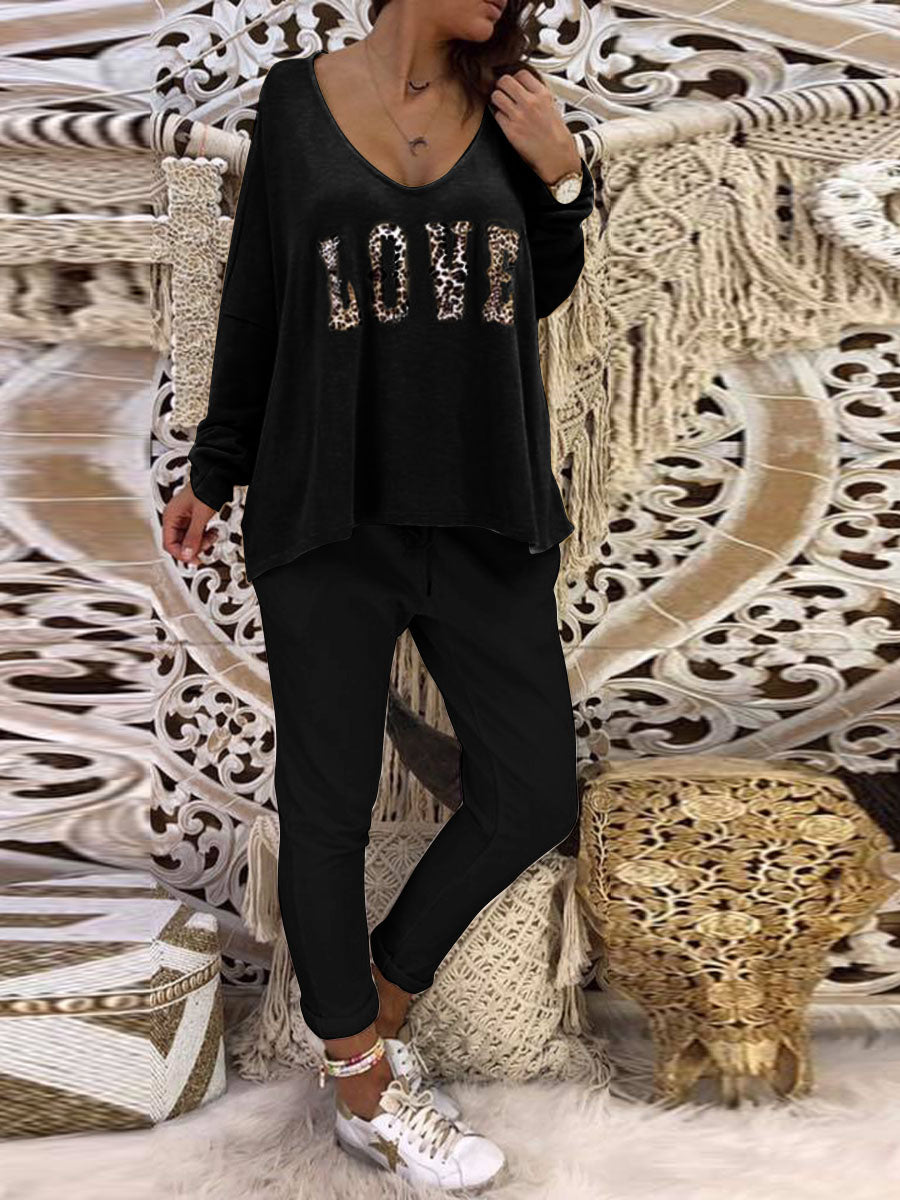 Leopard Love Pattern Loose Top and Pants Two-piece Sets