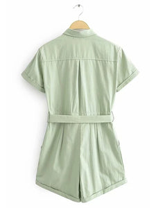 Button Belted Pockets Romper