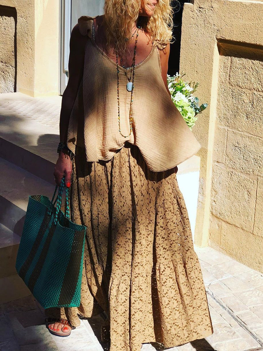 Casual Loose Sleeveless Top Lace Two-piece Suit