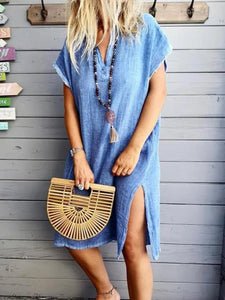 Plus Size Casual Solid V-Neck Short Sleeve Casual Dresses