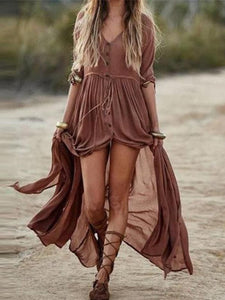 Vintage V-neck Button High Waist Split Maxi Dress