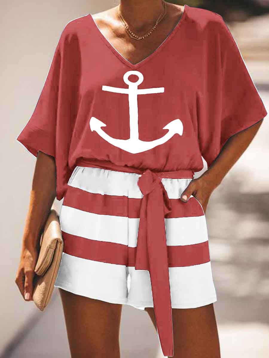 Casual Loose V-Neck Top Striped Shorts Suit