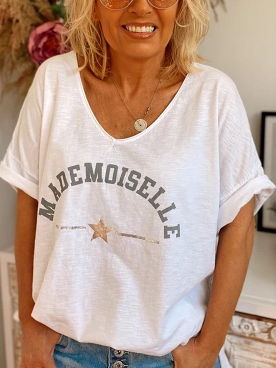 V-neck Short Sleeve Letter Print T-shirts